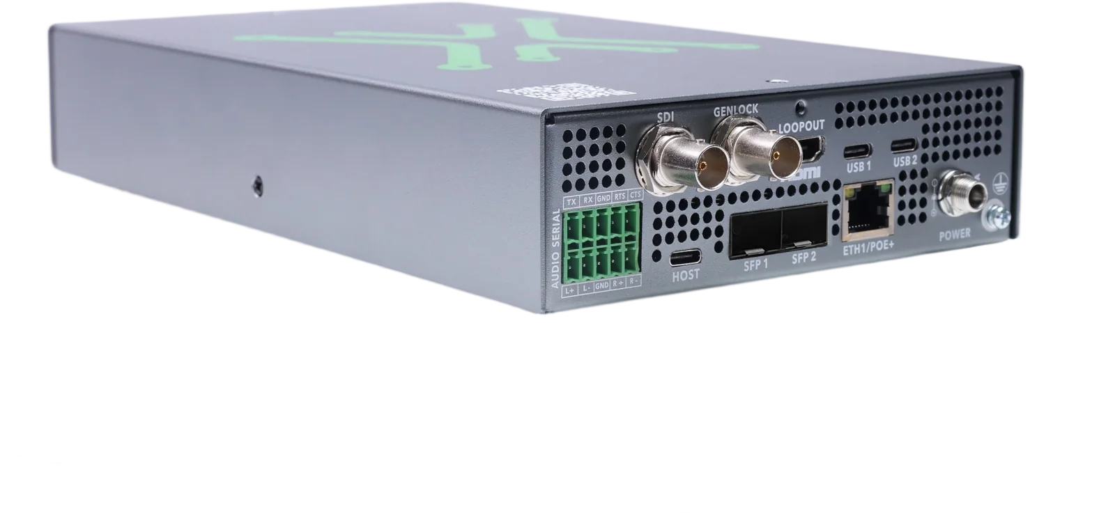 Rear three-quarter view with SDI, genlock, SFP28 and network ports